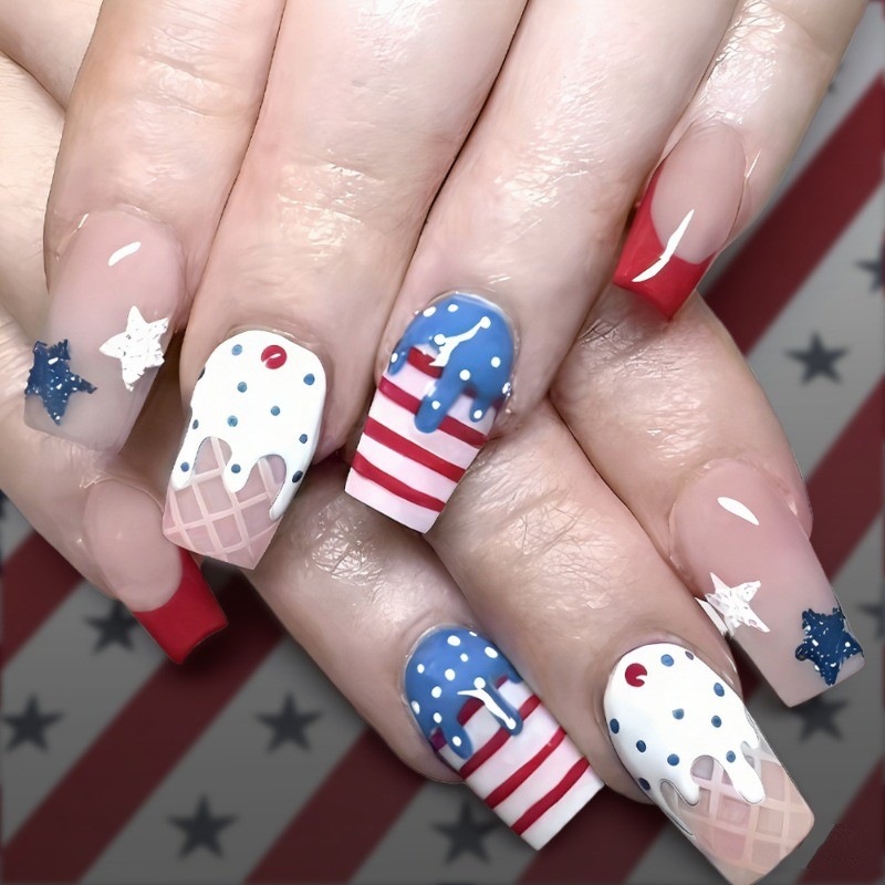 48pcs-Independence Day Press on Nails, Square with Fun Ice Cream and Star Motifs
