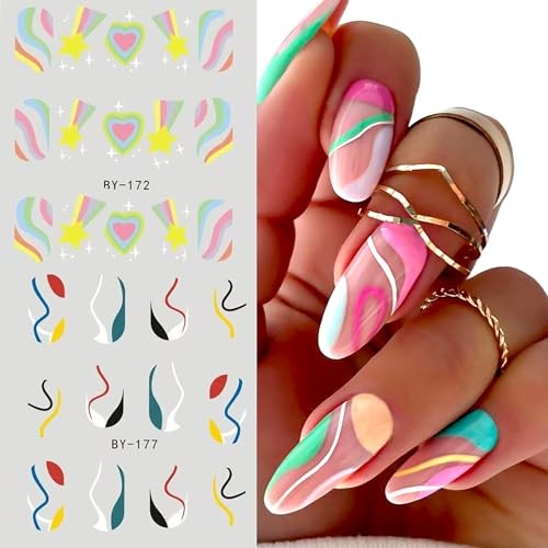 12 Sheets Nail Stickers Colorful Line Design Water Transfer Nail Decals