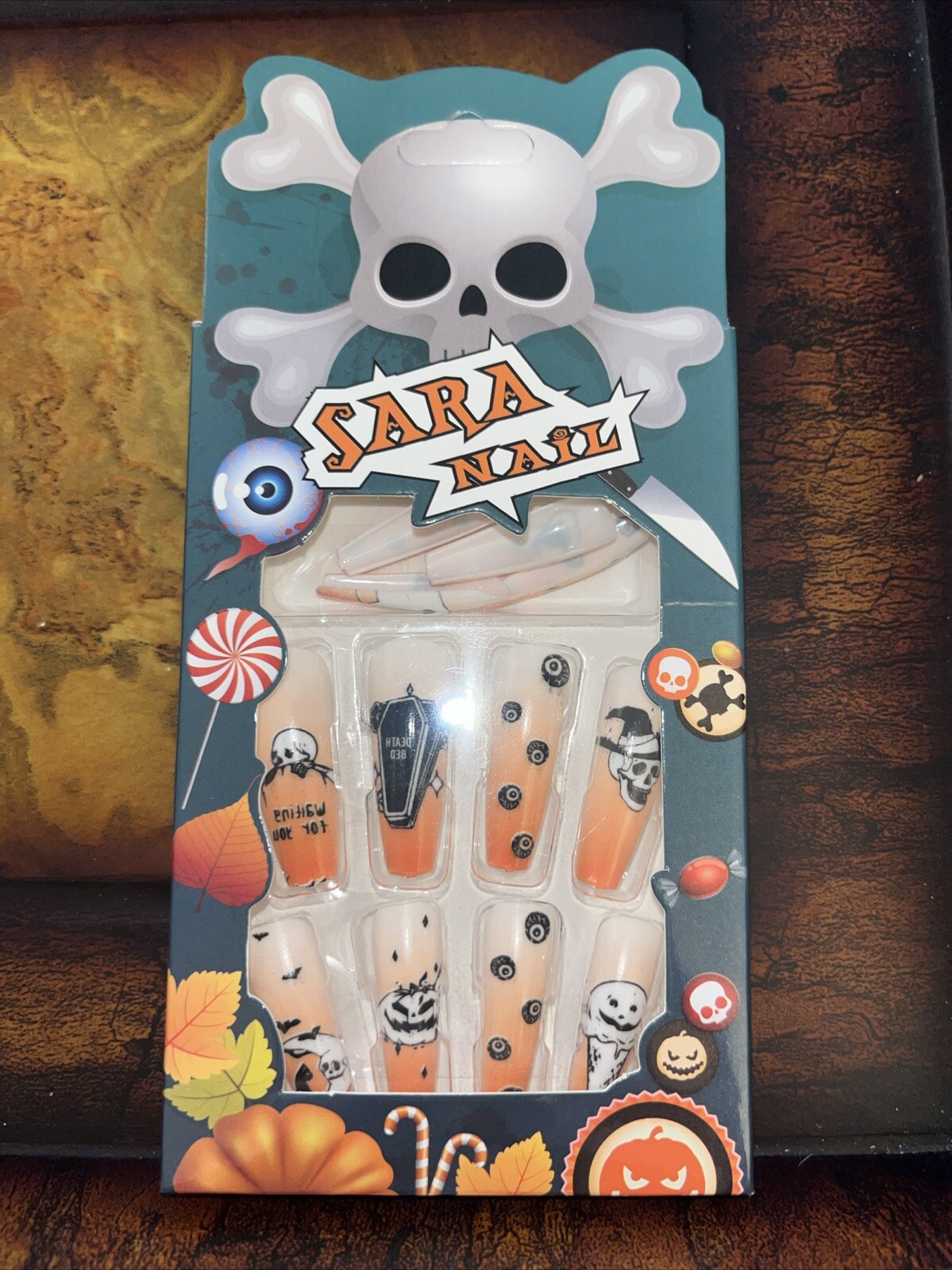 New Sara Nail Halloween Press On Nails Bats Pumpkins Skulls Ghosts Orange Black