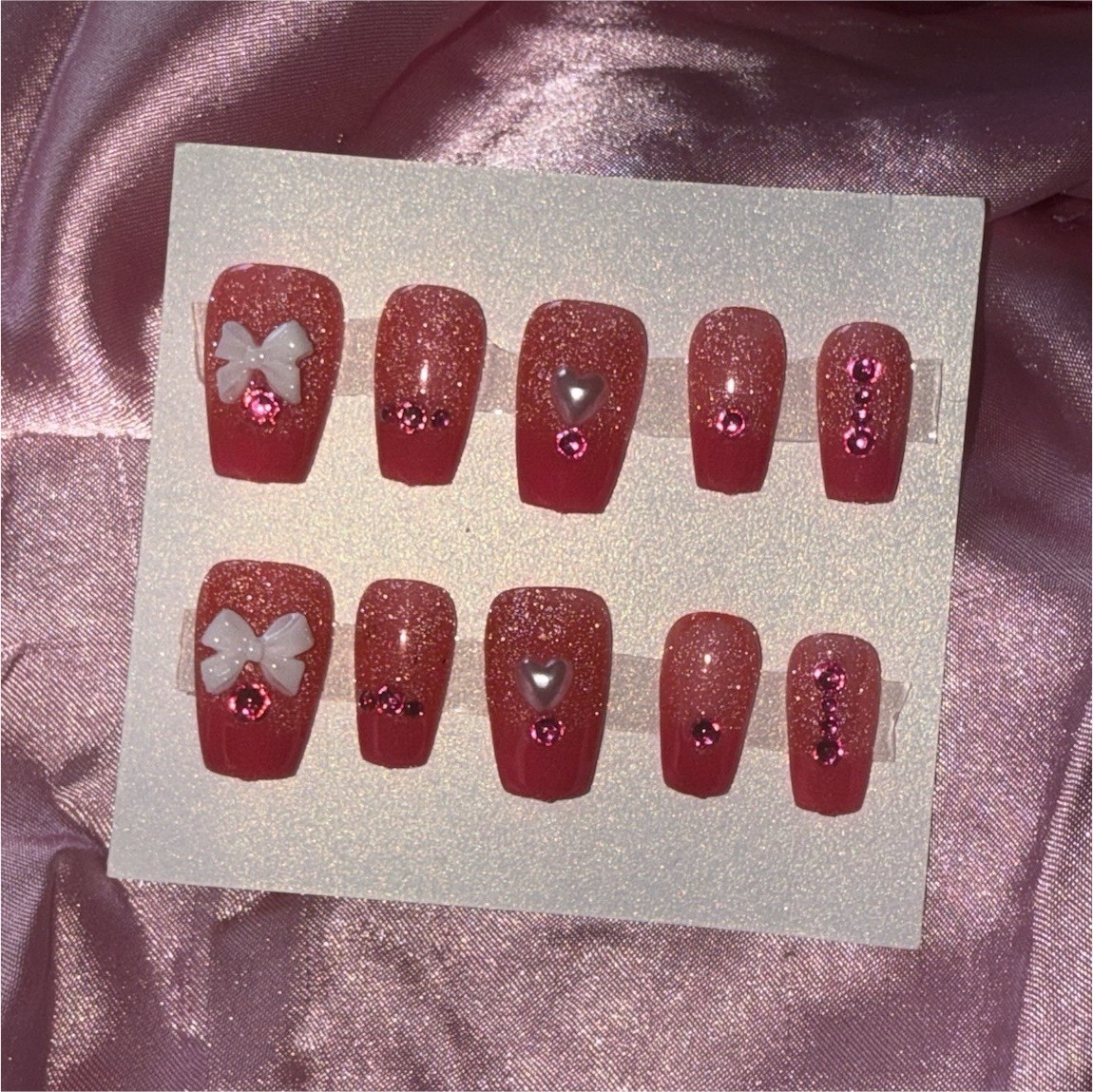 Red Shiny Glitter Butterfly Square Short Full Cover Pre-Designed Press-On Nails