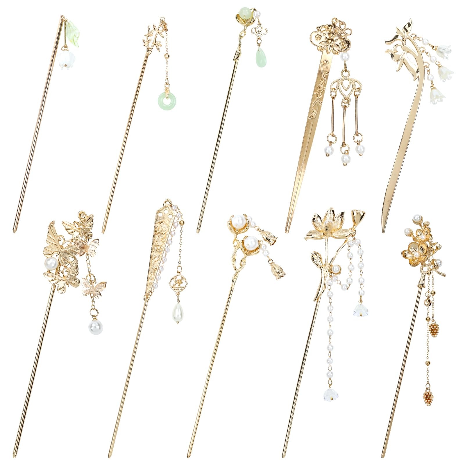 Lawie 1 Count (Pack of 10), 10 Pack Gold Decorative Hair Sticks with Tassels