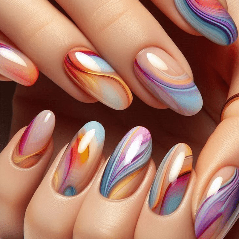 48P Long Almond Press on Nails, Colorful Swirl Marble Gradient Fake Nails