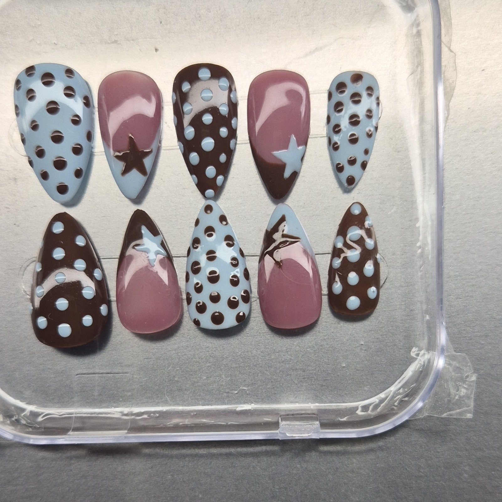 Blue Brown Pink White Star Polka Dot Almond Press-On Nails Medium Full Cover Set