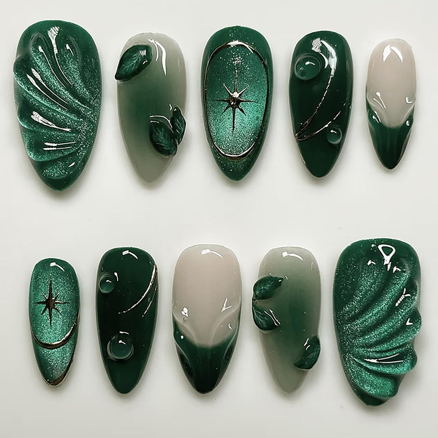 24Pcs Dark Green Press on Nails Medium Almond Fake Nails Silver Star with 3D Lea