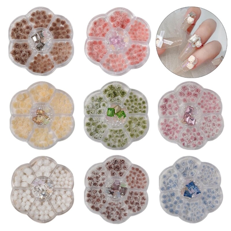 Crystal Rhinestones Pearls Beads 3D Flowers Nails Art Gift
