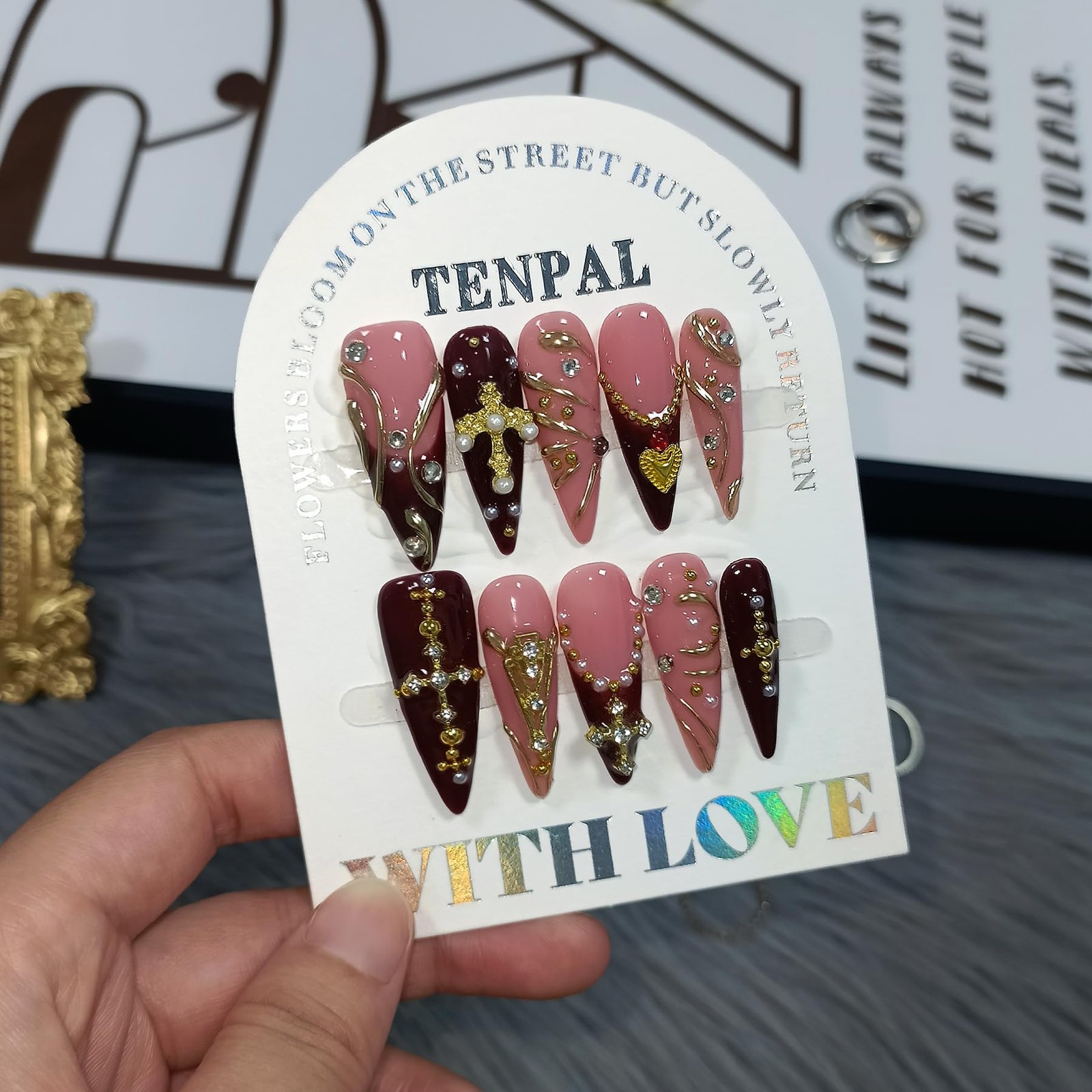 Long Stiletto Press on Nails Wine Red Cross Wave 3D(S)