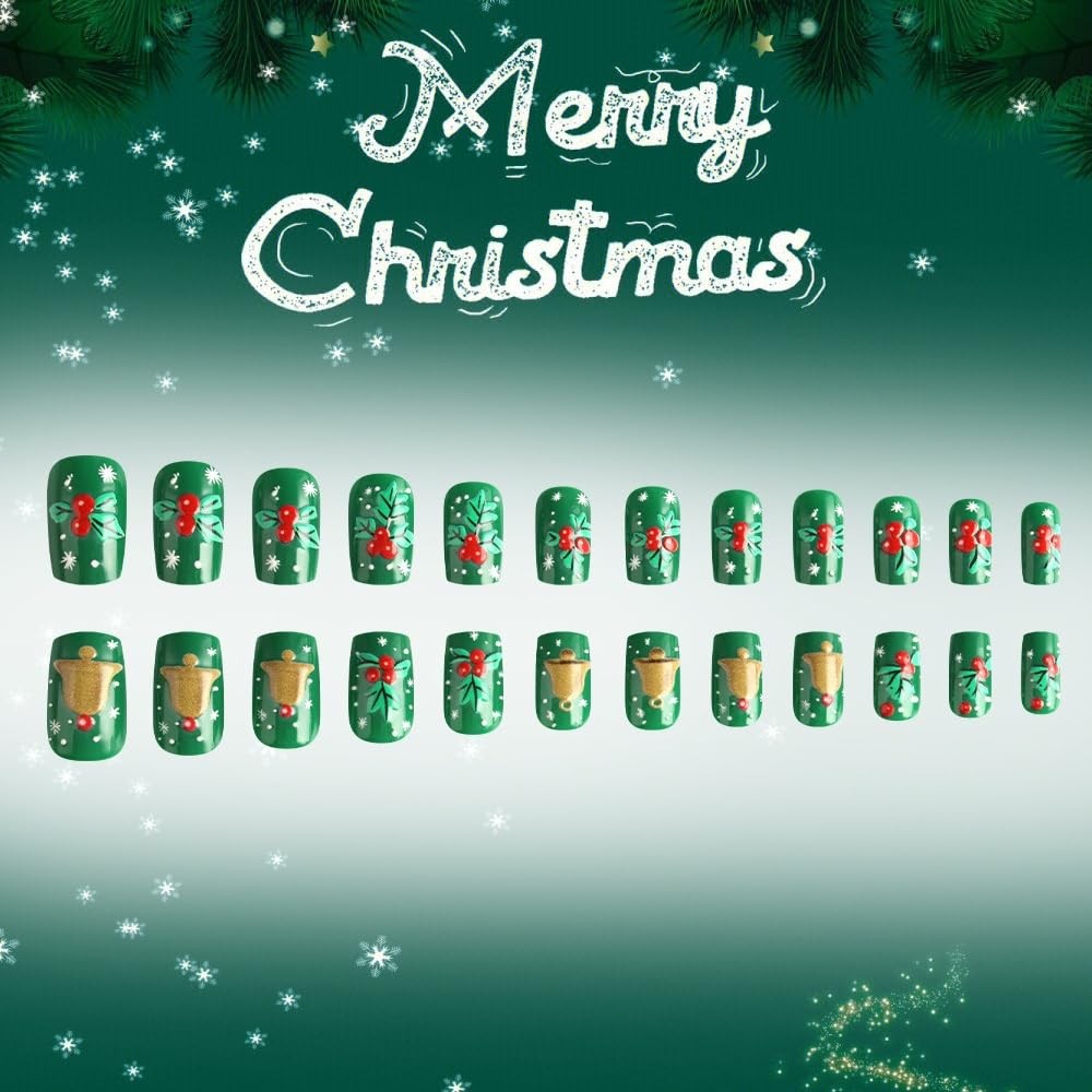 Christmas Press on Nails Short Square Glue on Nails with Holly Fruit Design C…