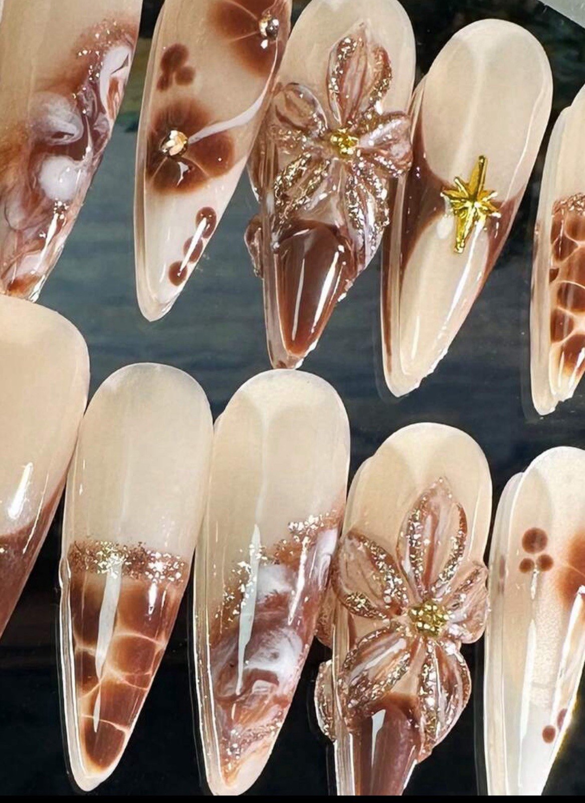 ENEN Medium Almond 3D Floral Press-On Nails Beige Brown Gold Full Cover