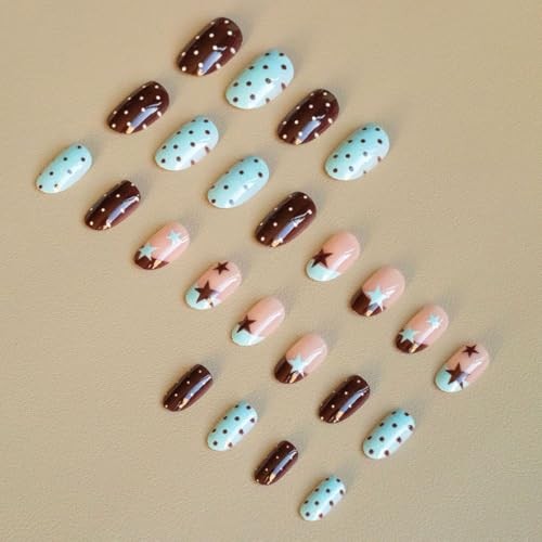Brown Blue French Tip Press on Nails Short Almond Fake Polka Dot Star French 2