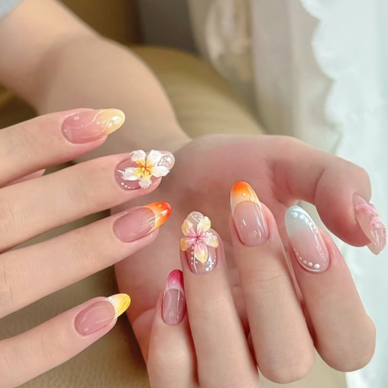 48Pcs-Gradient Orange Blue 3D Plumeria Almond Press on Nails Summer Fake Nails