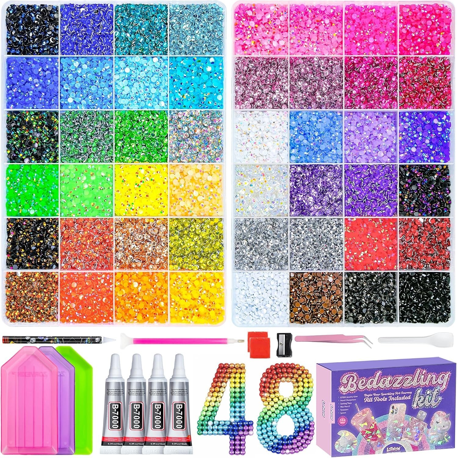 70000Pcs 2 Boxes Bedazzling Kit with Rhinestones, 48 Colors 3mm Resin Flatbac…