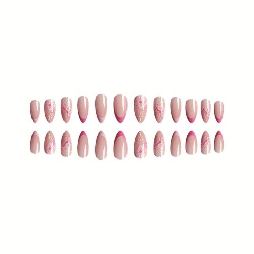Pink French tips Press on Nails Medium 1 Fl Oz (Pack of 1) Almond Flower-2