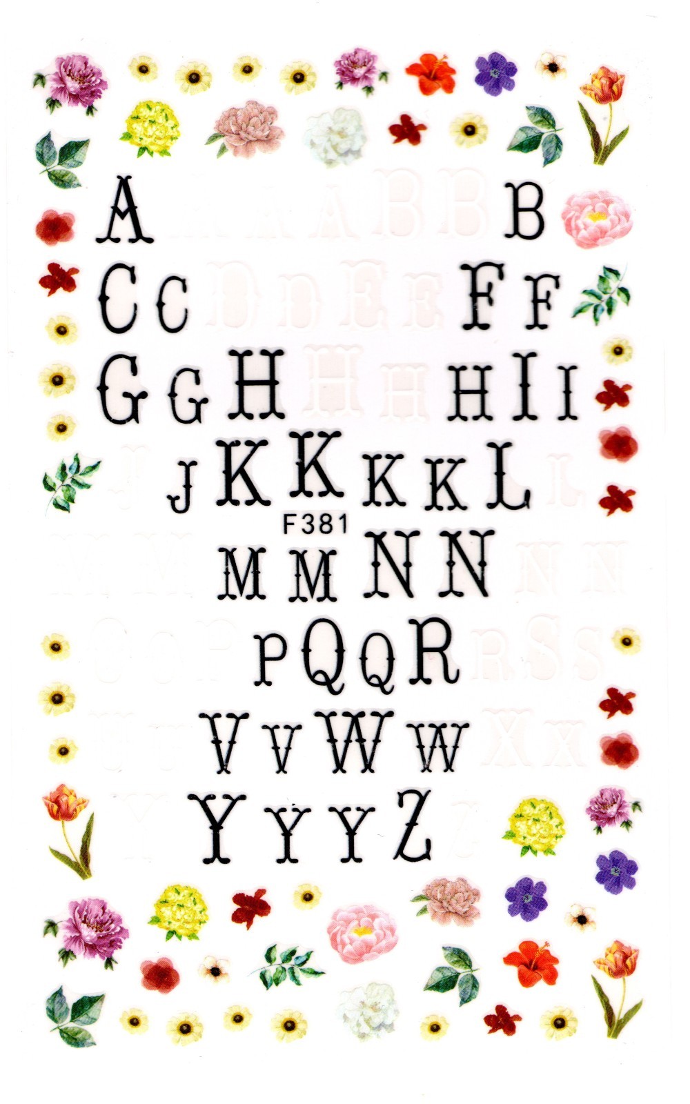 Nail Art 3D Decal Stickers Alphabet flowers F381