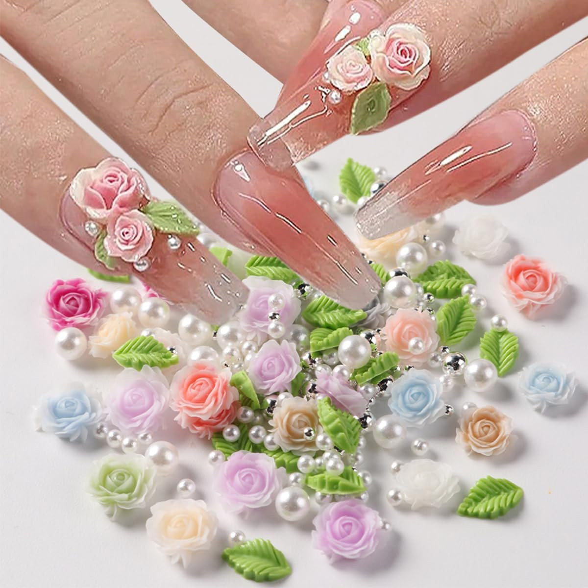100Pcs Spring Resin Rose Nail Charms with Pearls Leaves 3D Floral Nail Art Charm
