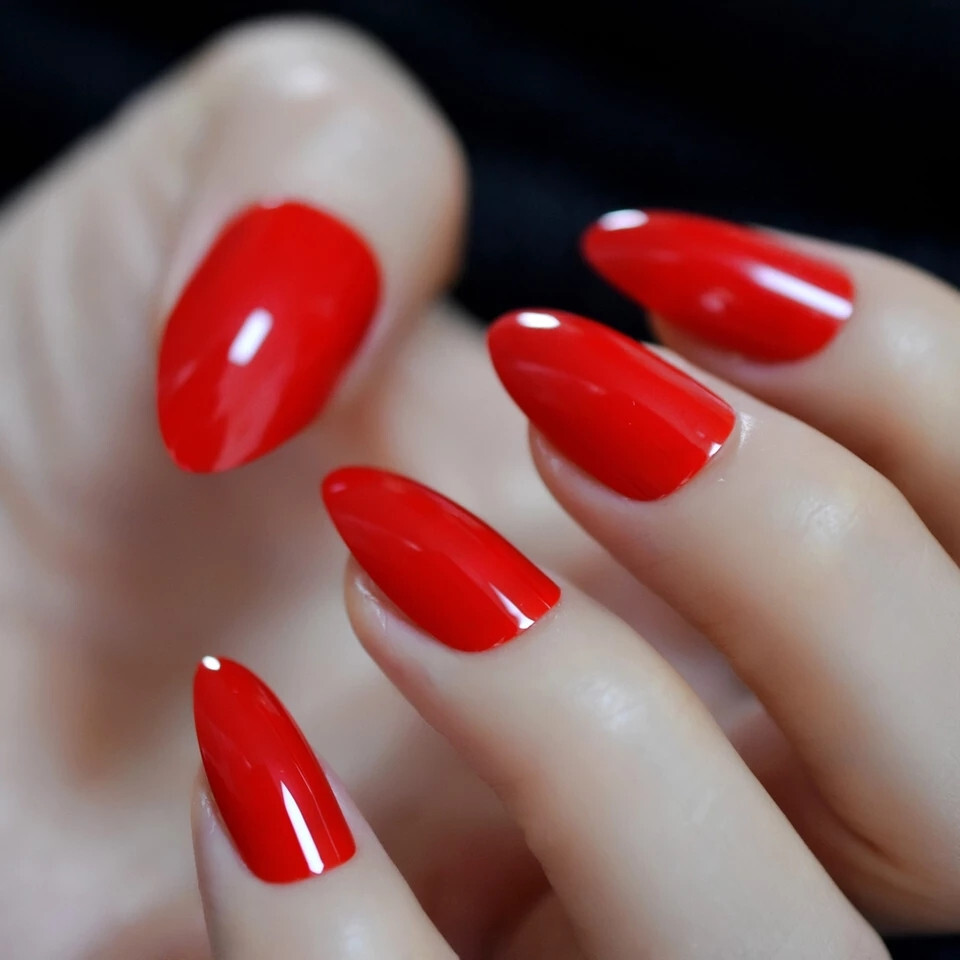 24 Medium Press on Nails kit glue on almond red bright true cherry
