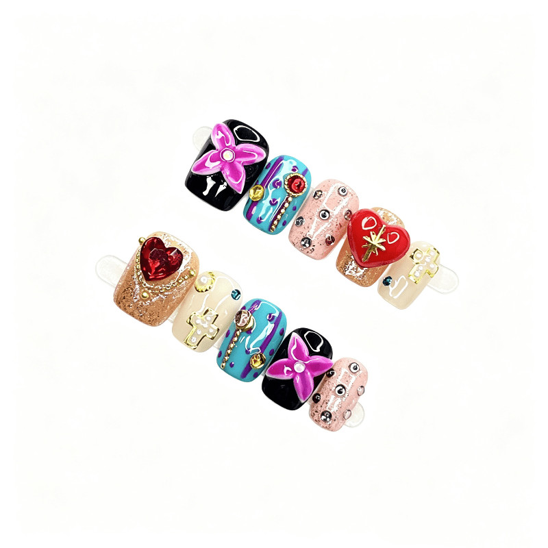 10pcs Short Square Press on Nails, Multicolor 3D Heart Cross Print Trendy Nails