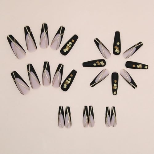 French Tip Press On Nails, 24pcs Long Coffin Maple Leaves Glitter Designs