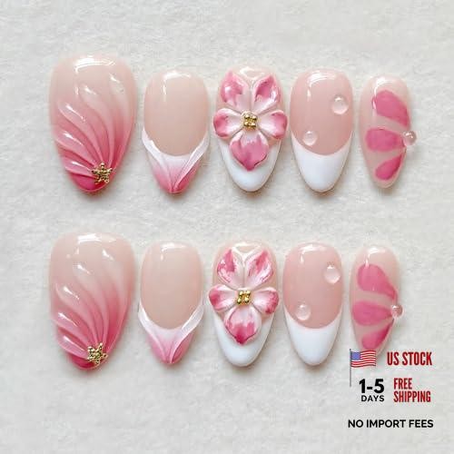 30Pcs Pink Press on Nails Almond Medium French Tip Fake 3D Flower Nail Art – 6