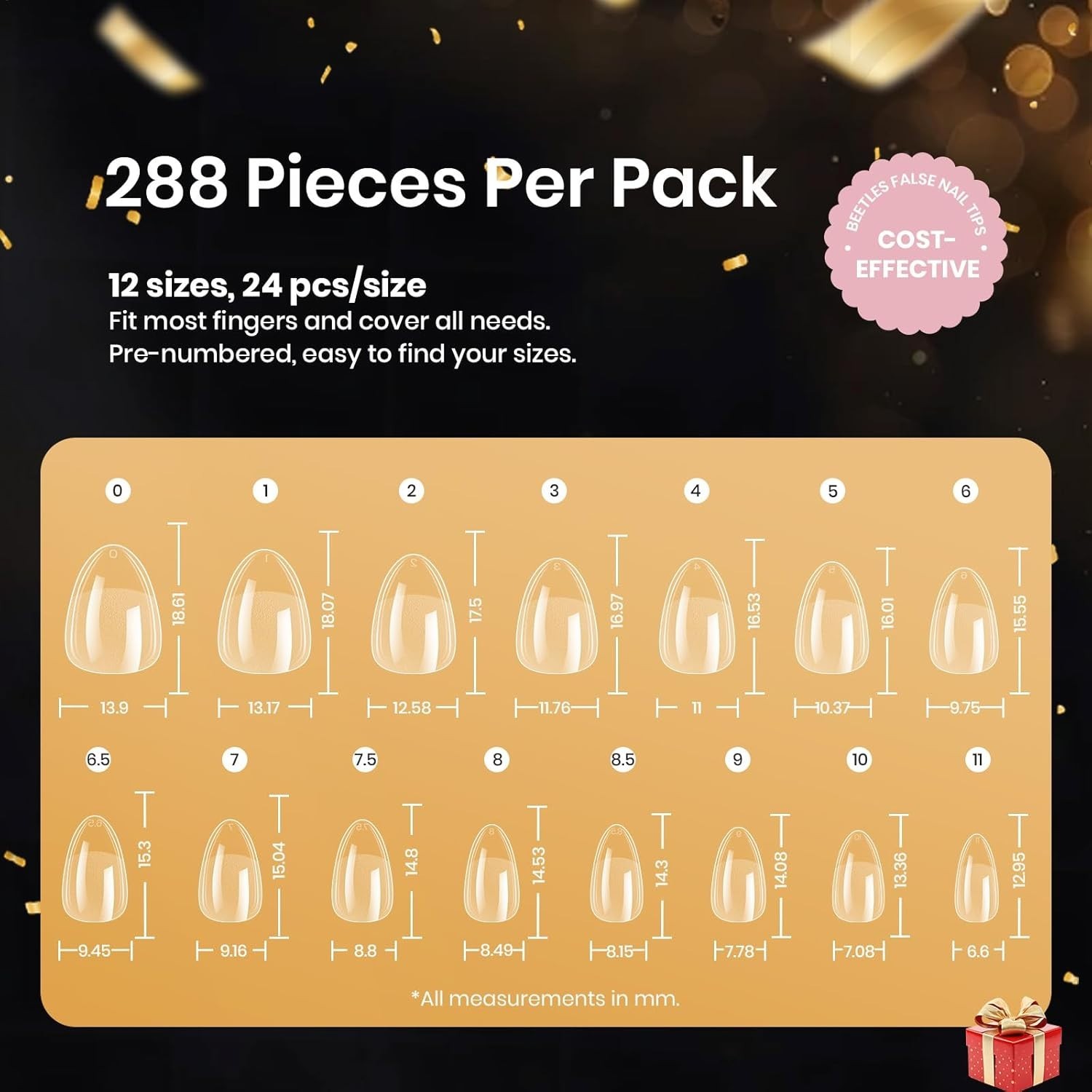 Beetles Almond Nail Tips Set, 288 PCS – Pre-Shaped, No Filing Needed, 12 Sizes