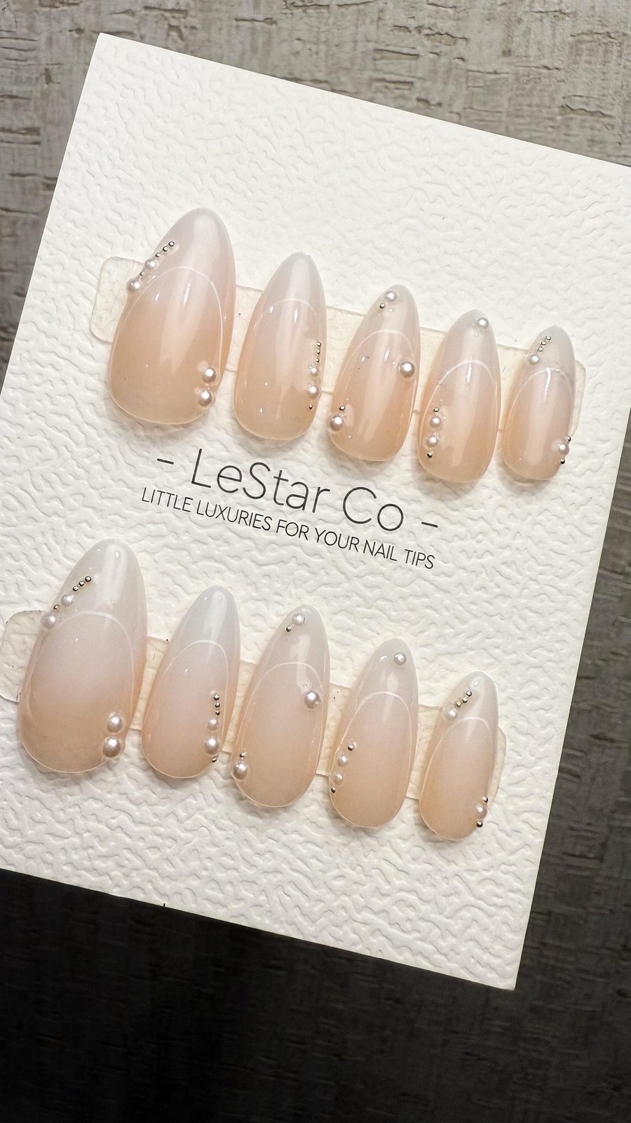 Handmade Sheer Nude White Line Pearl Bead Long Almond Press on Nails Set