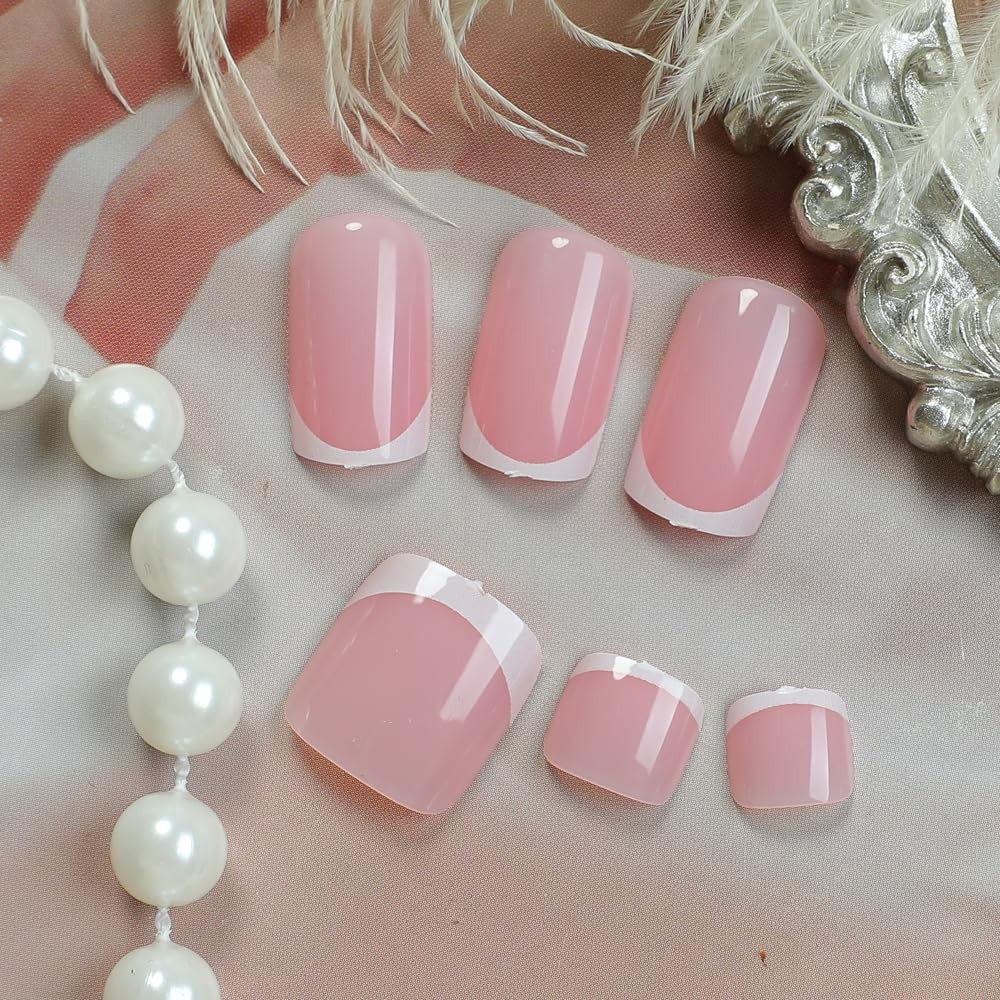 48 Pcs Pink Press On Nails Short Square & Press On Toenails Set,YEFIUO Summer…