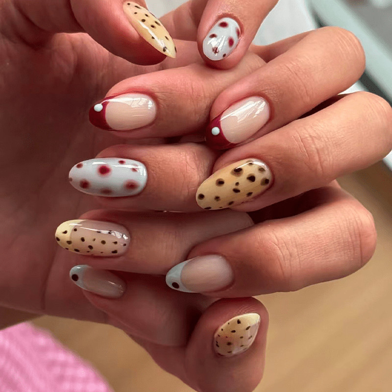 48Pcs-Long Oval Cream Base Yellow Brown Leopard Red White Polka Press On Nails
