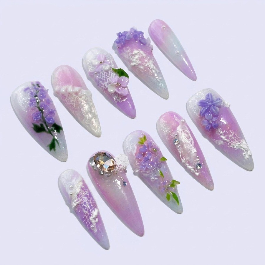 Custom Pure Handmade Nails Wisteria Lace Pearl Rhinestone Wedding Manicure