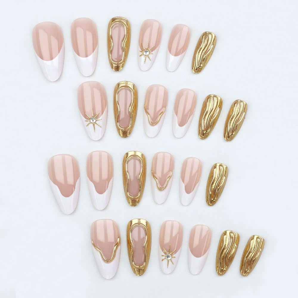 Medium Almond Press on Nails French Tips Nails Press on with 5D Star Charm Desig