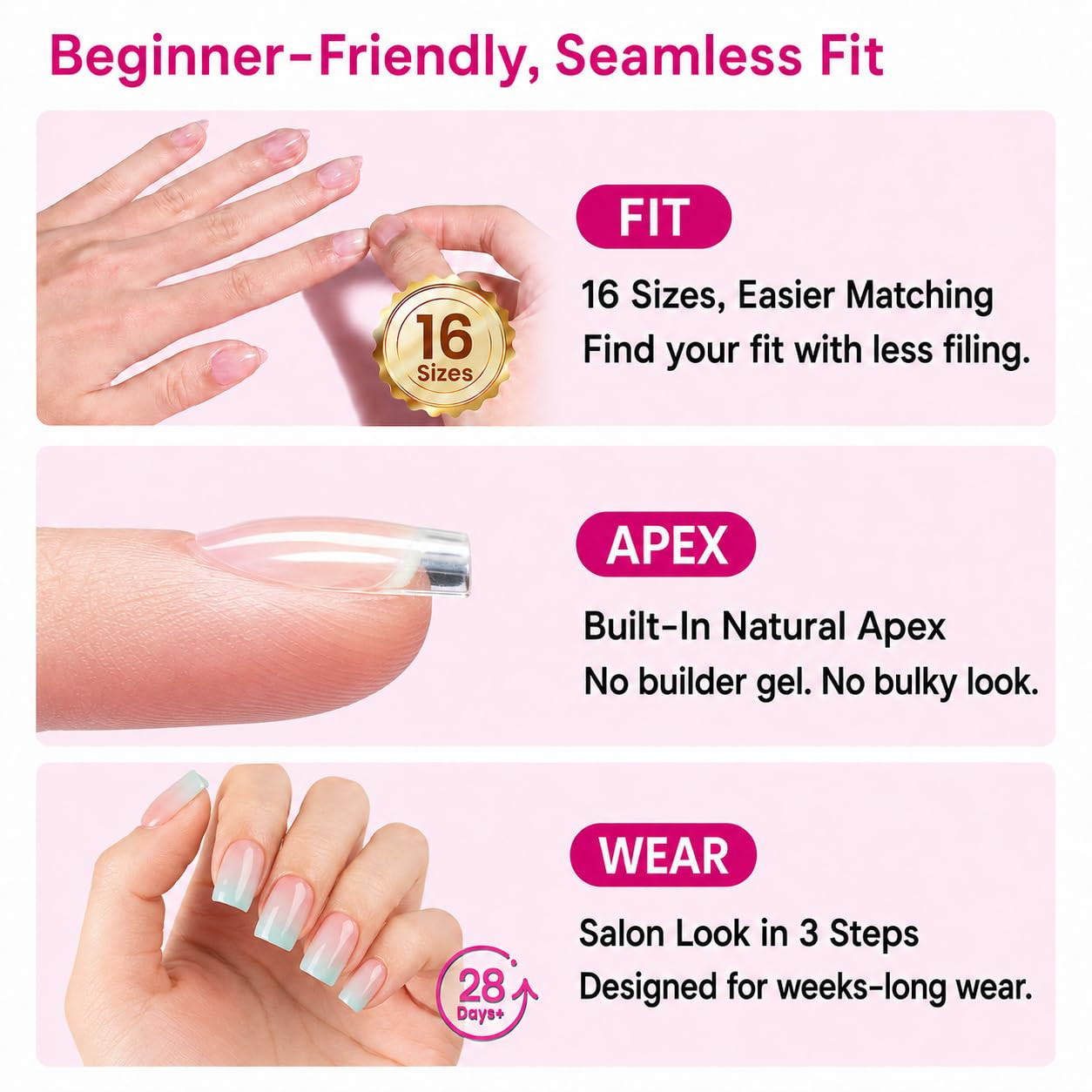 Beetles Tipex Lite Instant Apex Nail Tips, XS Square, No Builder Gel Needed, 16