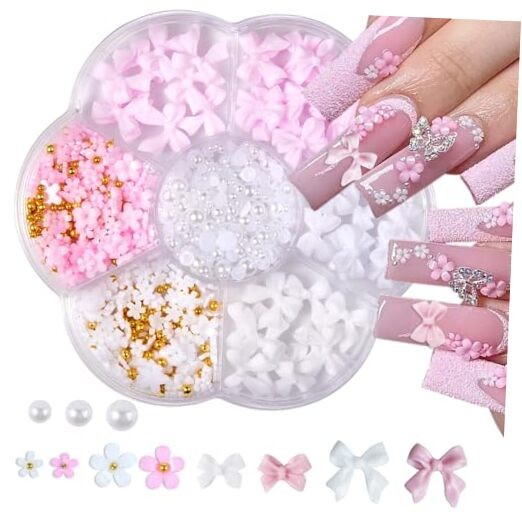 Nail Charms, Flower Bow Manicure Kit, Pink White 3D Cute Flower and Bow Nail