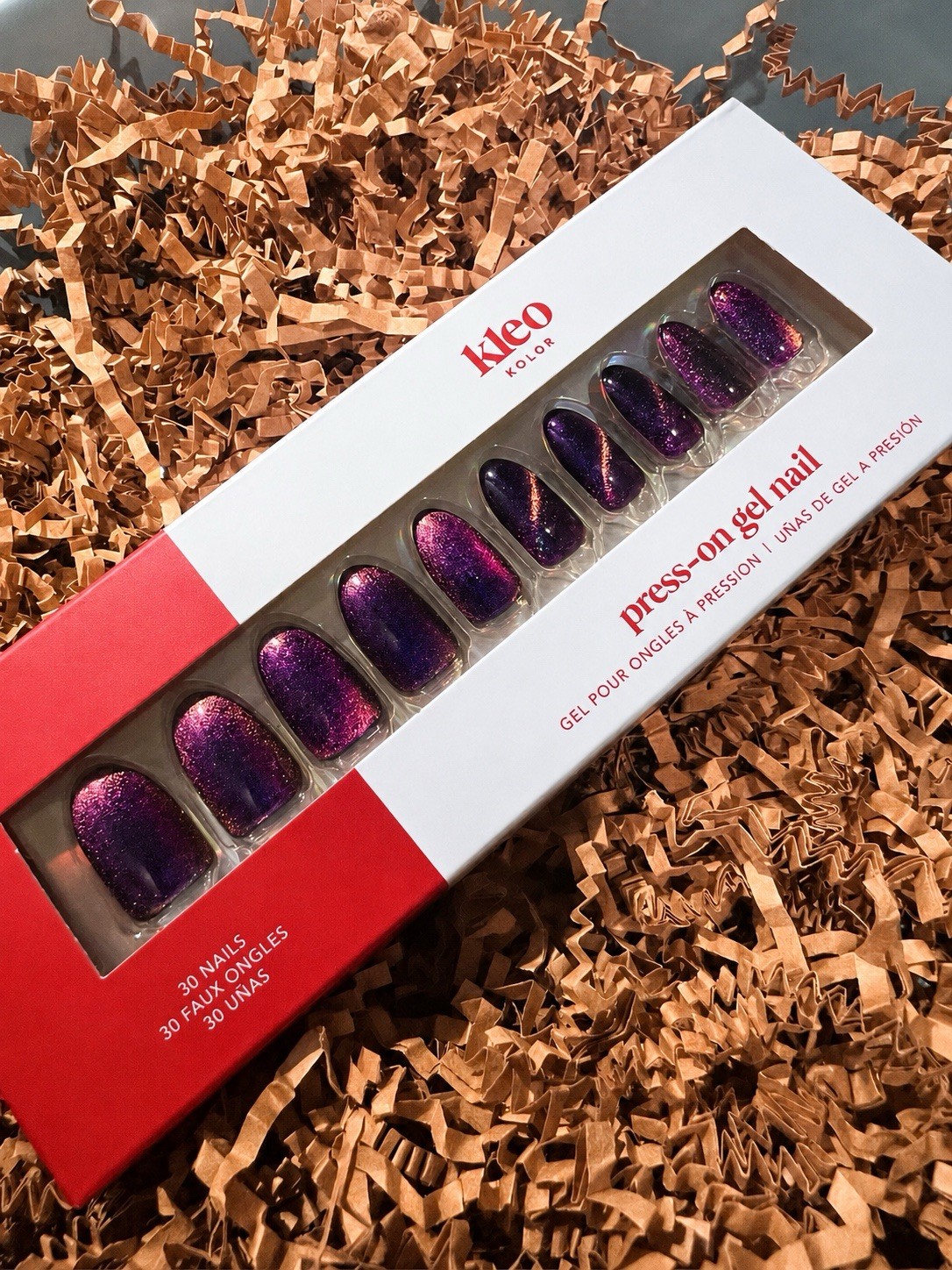 New Kleo Kolor 30 Press-On Gel Nails~Galaxy Glimmer~Purple Magnetic~Long Almond