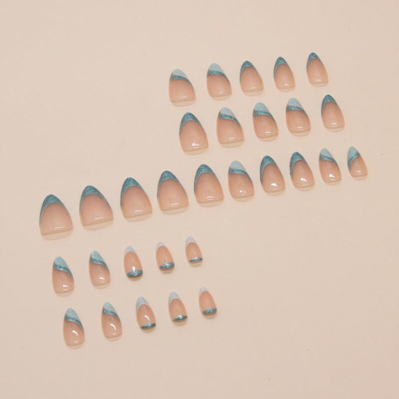 Light Blue French Tip Press on Nails Medium Almond – QUNQINLI Fake Design AB2
