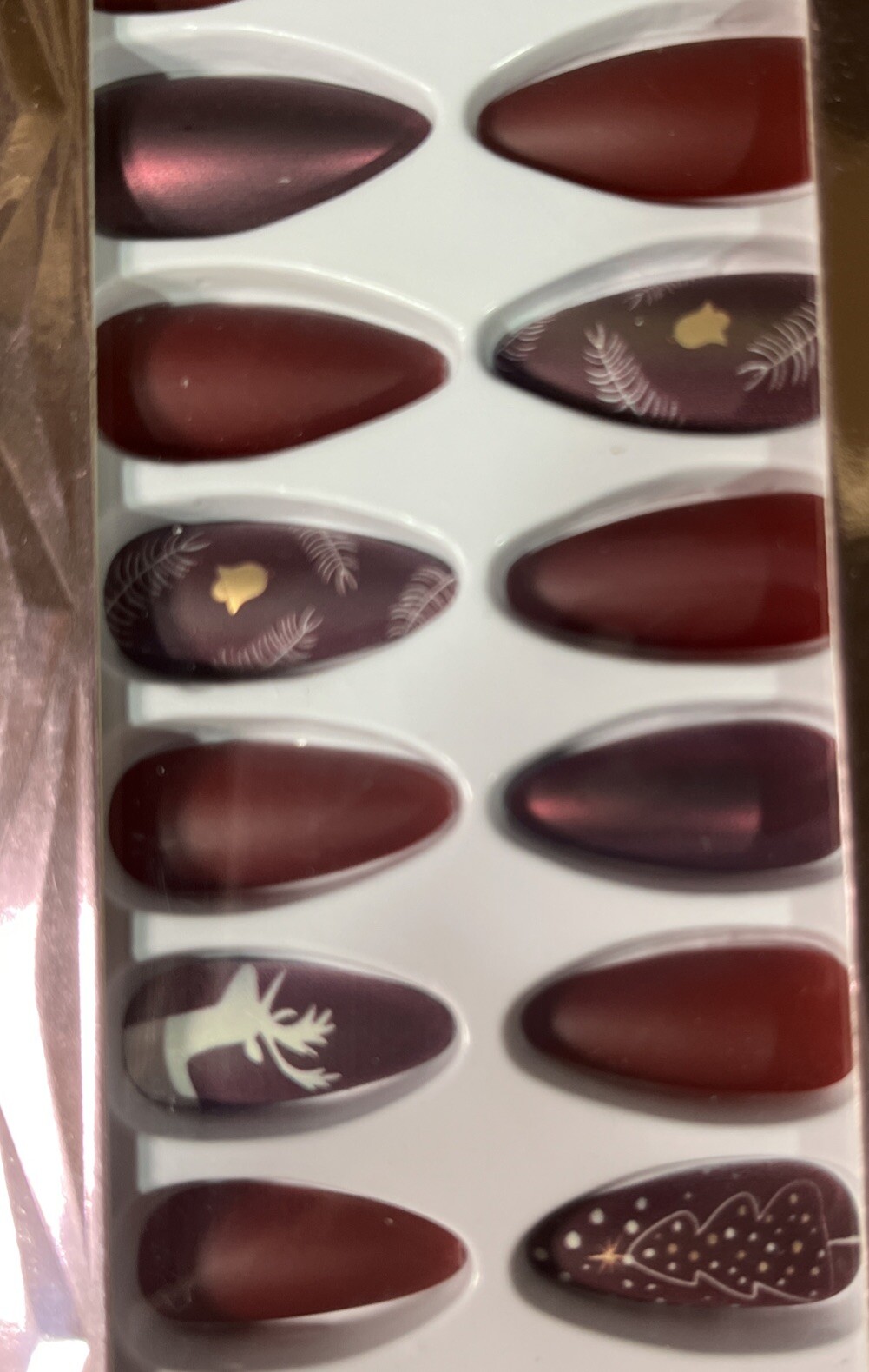 2 New Xmas Sets Of PressOn Manicure Nails Almond Burgundy Glam Coffin Red Green