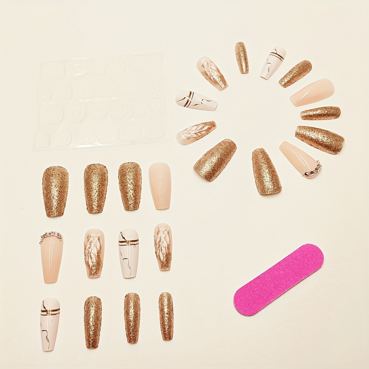 Long Coffin Shaped Full Cover Glitter Press On Nails – Leaf Design, Ballet Style
