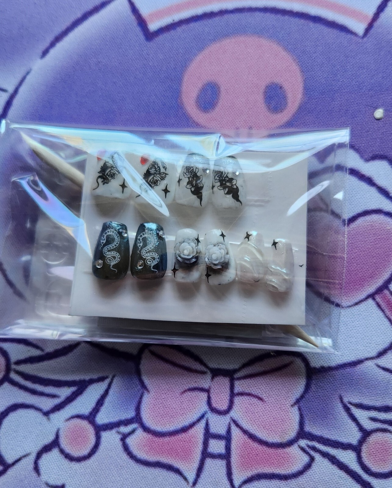 Hand Painted “Gothic Snakes” Extra Short Coffin Length Press On Nails (size M/L)