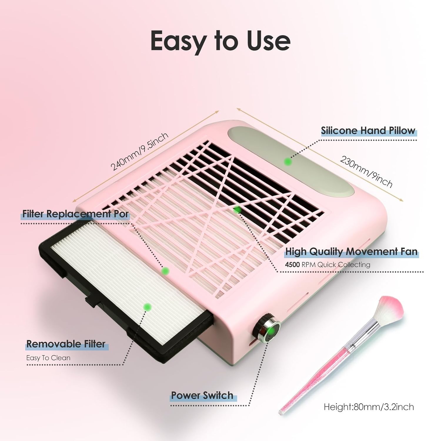 Extractor de polvo para uñas 80W aspiradora ajustable con filtro y cepillo