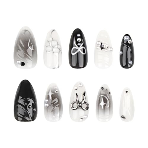 Black Press on Nails Medium Almond Fake Nails with 3D Alloy Bow Pearl Designs