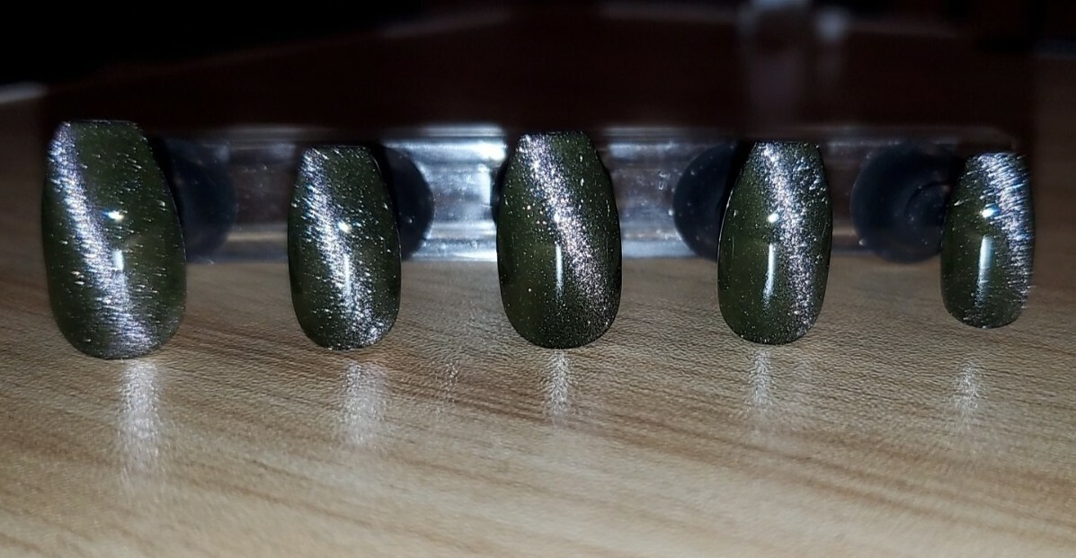 Black Metallic Cat Eye Coffin Gel Nails Handpainted