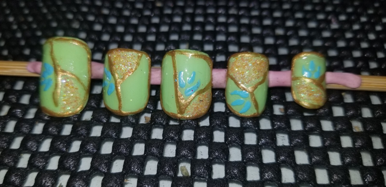 Kawaii Press On Nails|Neon Green Gold Orange Glitter | Short Square Gel 10PC