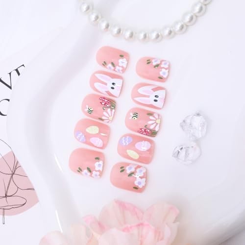 24Pcs Easter Press on Nails Short Square Fake Nails Spring Flower Bee Glue on