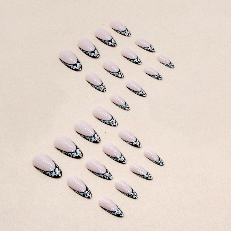 48Pcs-Nude Black Marble French Stiletto Press on Nails Gold Flake Elegant Nails