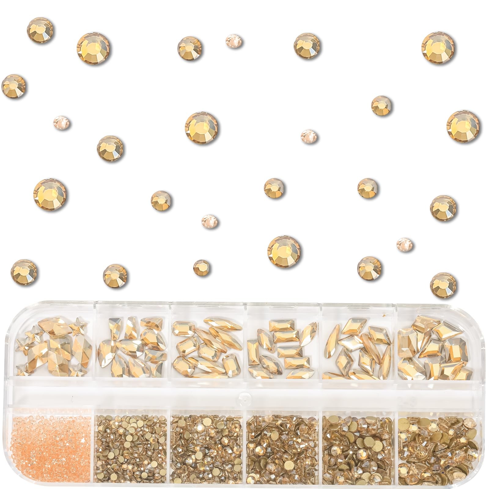 Champagne Gold Nail Rhinestones Kit Flatback Nail Charms Glass Gems Stones 14…