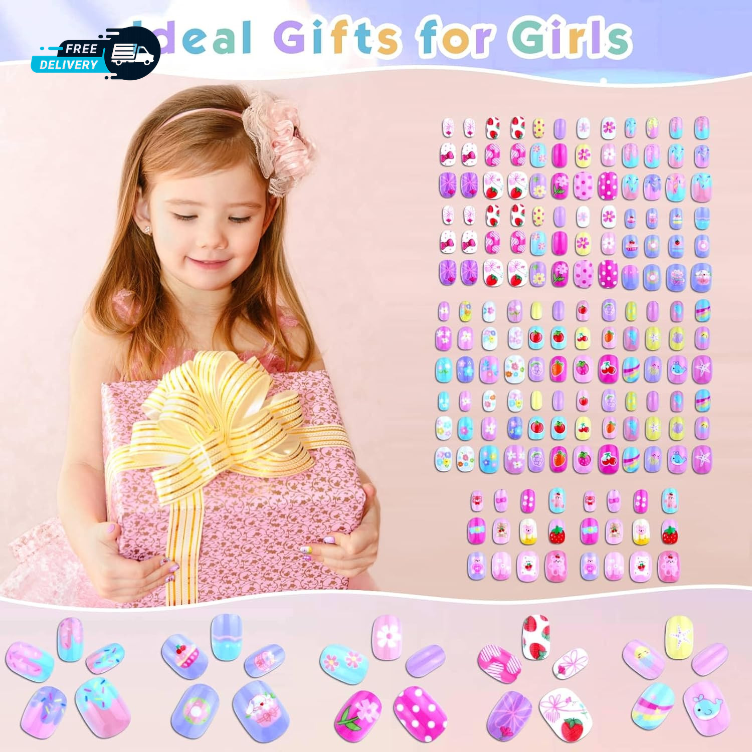 168Pcs Press on Nails for Kids Girls Kids Fake Nails Children Pre Glue Stickers