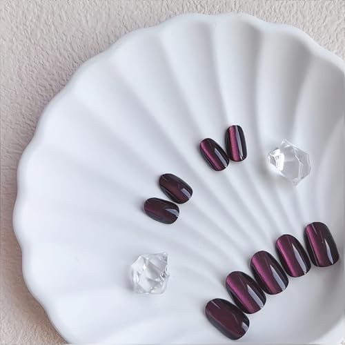 Cat Eye Press on Nails Short Oval, 30 Pcs Dark Pink Fake Nails Extra Short