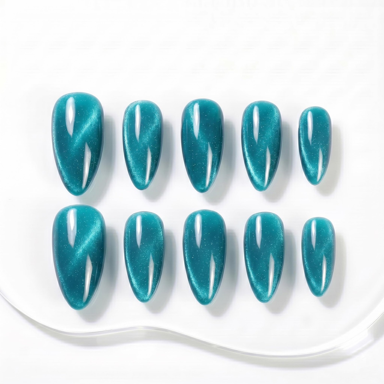 Handmade Press-On Nails Medium Almond Lake Blue (#119 L)