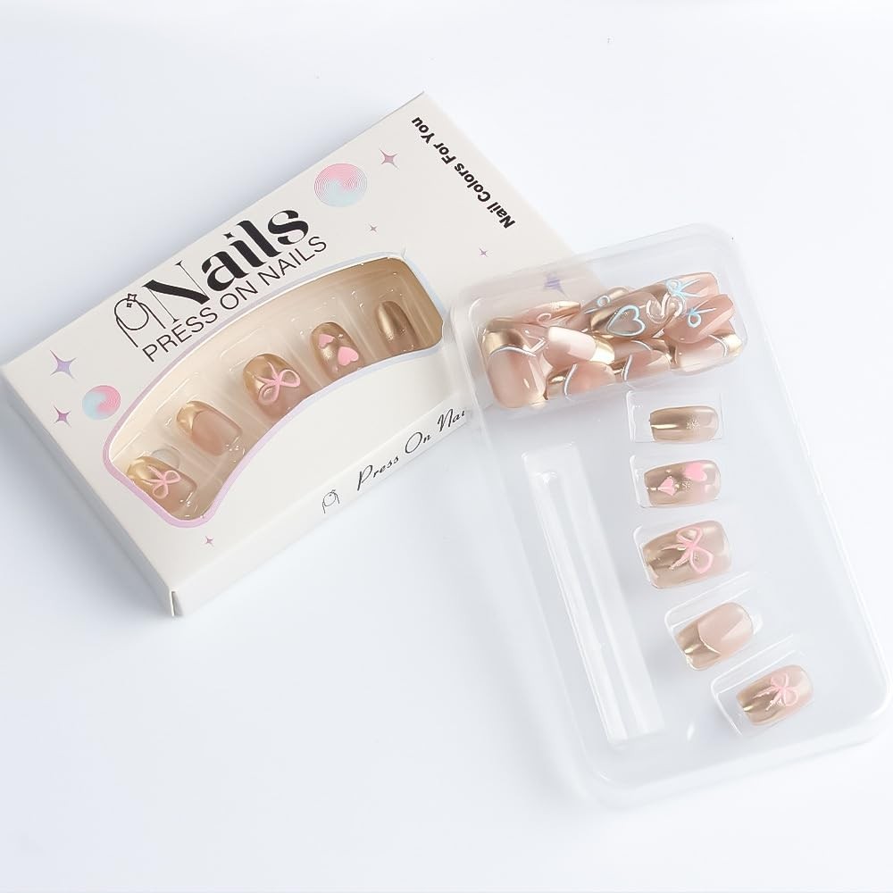 Short Press on Nails Square Glue on Nail – Pink Blue Bow Hearts Design Glossy…