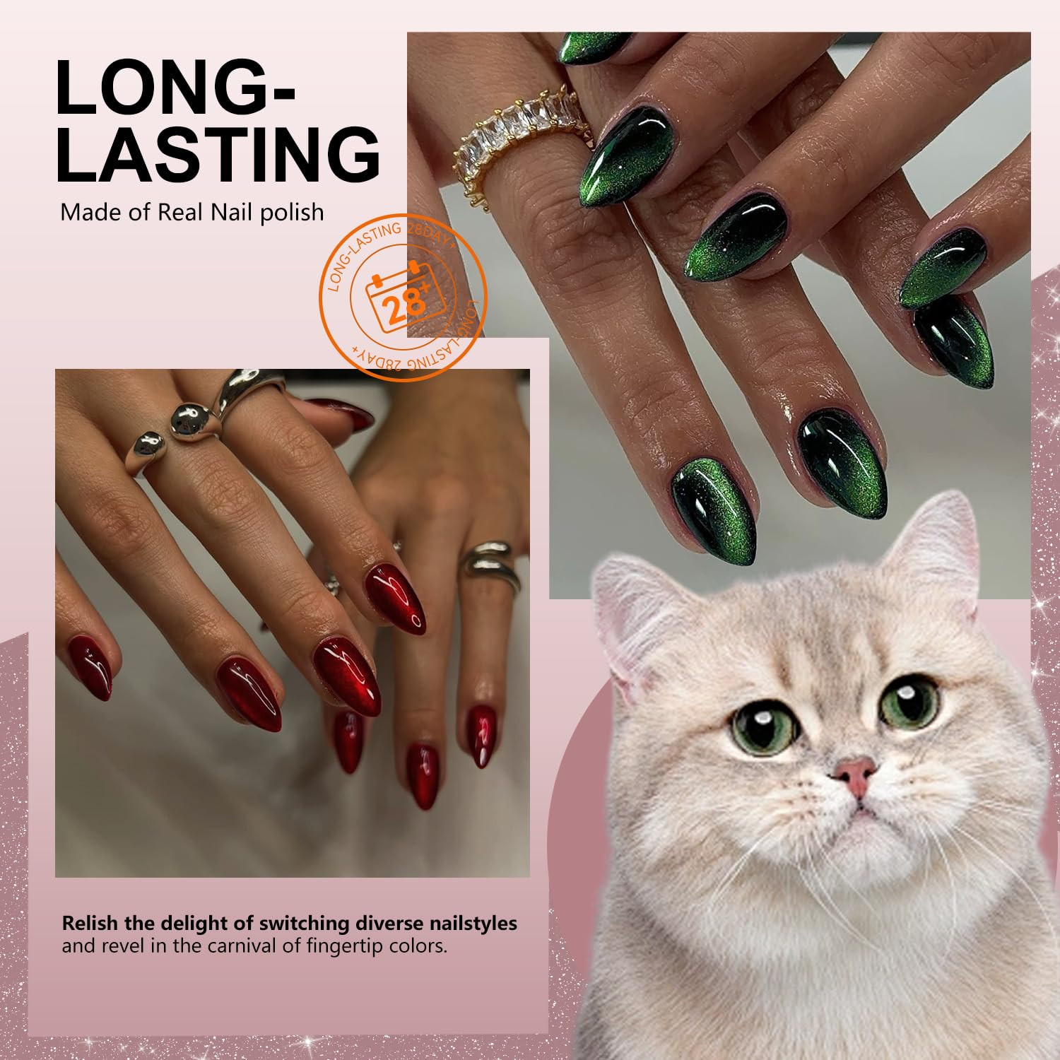 Cat Eye Press on Nails Short – Light Brown Press on Nails Almond Shape, Glitter