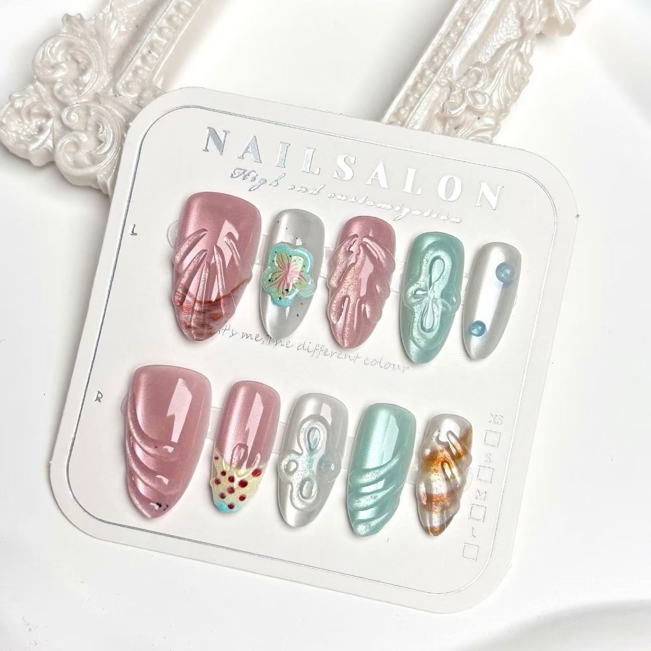 Elegant Pastel 3D Floral Press On Nails Almond XS S M