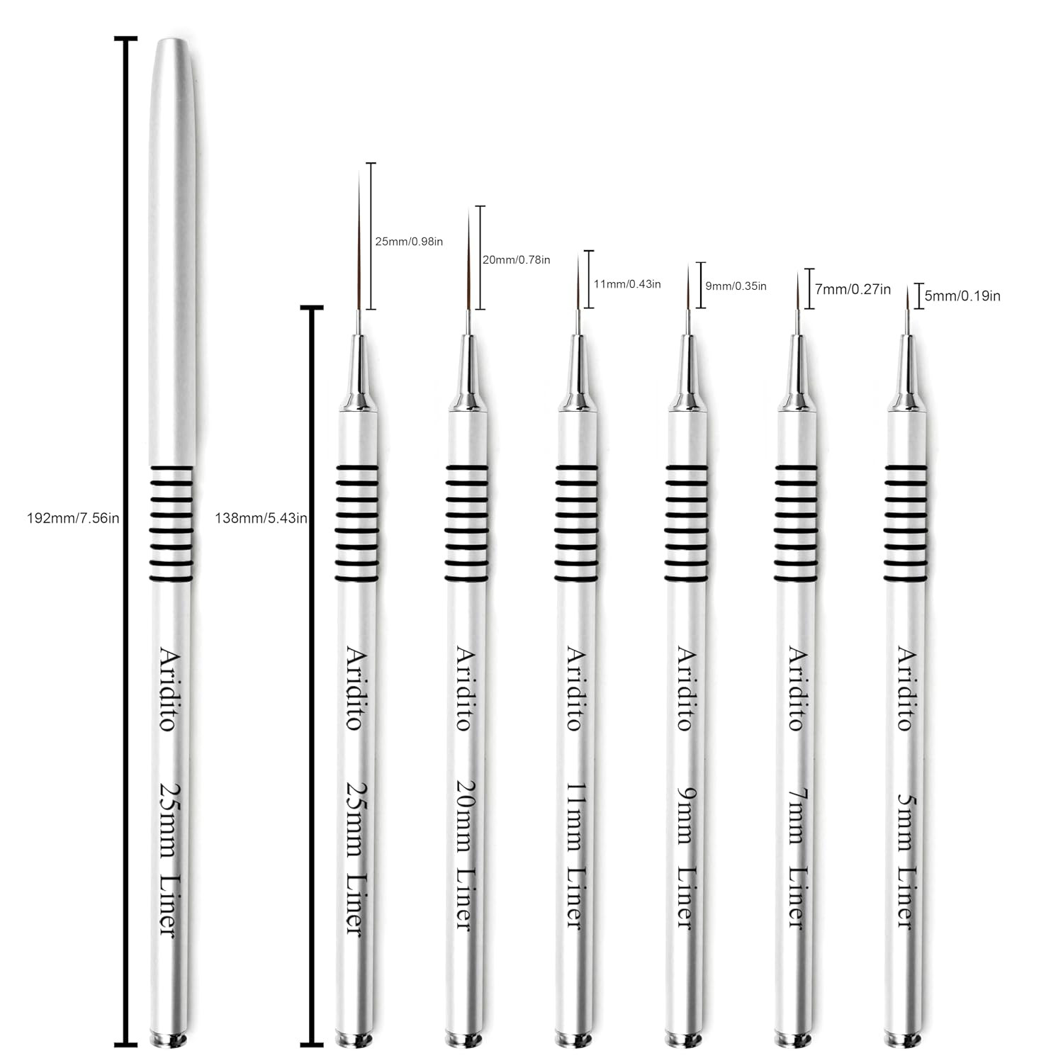 6Pcs Silver Metal Handle Nail Art Liner Brushes Set | 5/7/9/11/20/25Mm Sizes