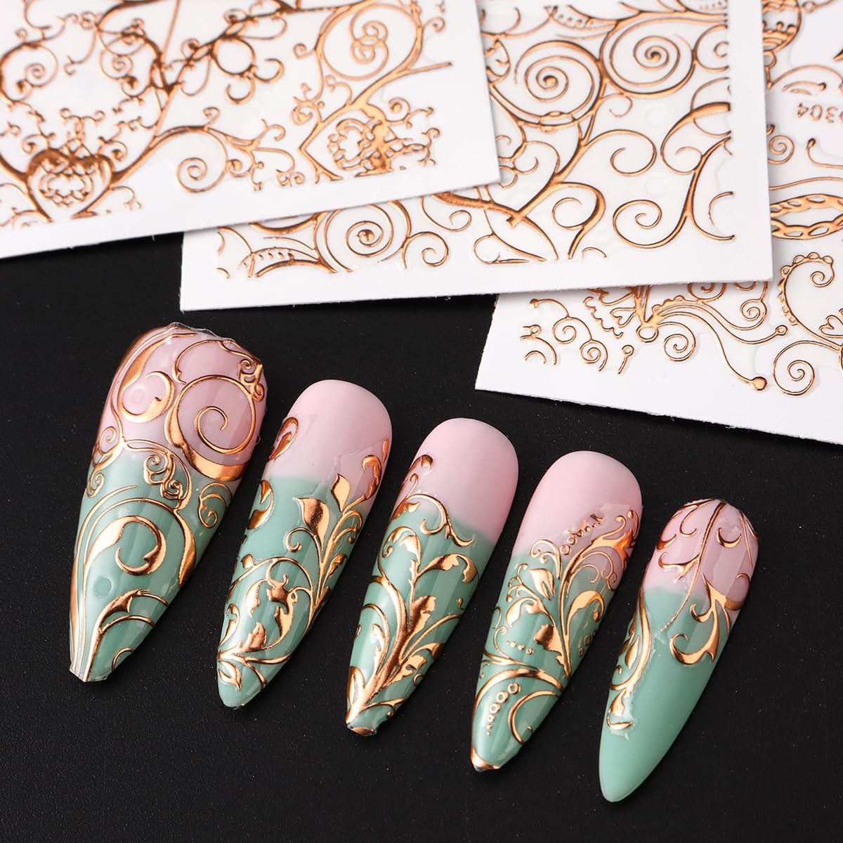 26 Sheets Rose Gold Nail Stickers Set, 3D Adhesive Nail Decals with Metal Geo…